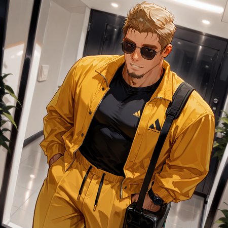 <lora:MBTI__ESTP__Male_Version-000006:.7>, mbti_estp, 1male, quiff hair, blonde hair, black eyes, yellow jacket, black shirt, yellow pants, sunglasses, bag, carries a sporty gray shoulder bag, black shocks, yellow sneaker,
(very short hair, beard, bara, mature, facial hair, stubble, beard, full beard, sideburn, beard, a lot of beard, ), facial hair,male focus, muscular male, muscular male, bara, mature,  bara, mature, dutch angle,
aixiwuganda_(20222192), very awa, masterpiece, best quality, absurdres, newest, perfect quality, detailed background, intricate details,
<lora:slider_Body Type_alpha1.0_rank4_noxattn_last:2><lora:style_Anime Summer Days 2 Style SDXL_LoRA_Pony Diffusion V6 XL:.6><lora:slider_cfg_scale_boost:.7><lora:face_Artist6p-10:.55>, Artist6p, Artist04p,<lora:slider_il_brightness_slider_d1:-1><lora:slider_il_contrast_slider_d1:-1><lora:slider_DarkSlider1.2_alpha1.0_rank16_full_300steps:-.6><lora:slider_Detailer_NoobAI_Incrs_v1:1> detailed,