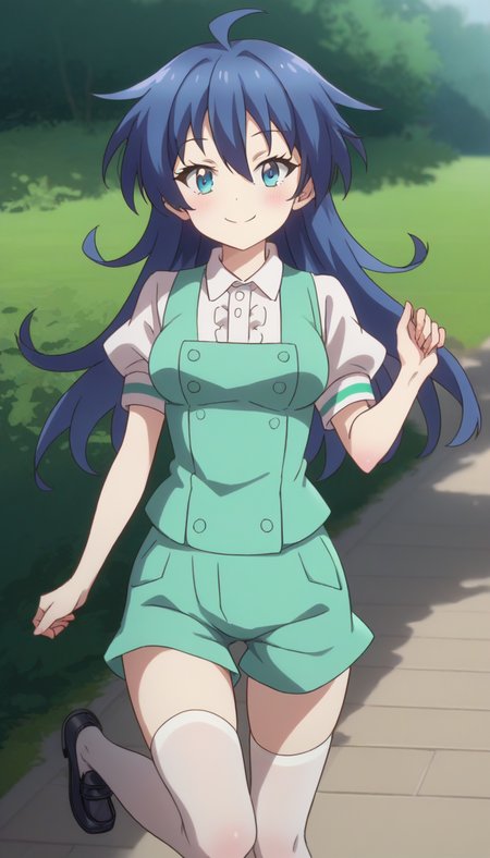 score_9,score_8_up,masterpiece,best quality,correct anatomy,anime_source,1girl,solo,perfect eyes,perfect arms,perfect legs,perfect face,outdoors,upper body,(portrait:1.5),looking at viewer,facing viewer,smile,blush,aged down,(petite:1.5),Lloyd de Saloum,ahoge,long hair,blue hair,hair bow,hair between eyes,bangs,blue eyes,green vest,white shirt,collared shirt,puffy short sleeves,large breasts,green shorts,zettai ryouiki,white thighhighs,loafers,black footwear,<lora:Lloyd de Saloum(tsdnod)-Pony:1.6>,