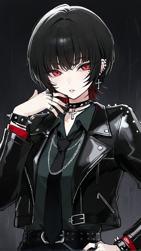 1girl, solo, looking_at_viewer, short_hair, bangs, shirt, black_hair, red_eyes, long_sleeves, jewelry, jacket, upper_body, earrings, parted_lips, necktie, choker, collared_shirt, belt, nail_polish, mole, collar, bracelet, black_jacket, hand_on_hip, mole_under_eye, piercing, ring, cross, slit_pupils, ear_piercing, black_nails, black_necktie, spikes, leather, spiked_bracelet, cross_earrings, leather_jacket, multiple_rings, studded_bracelet