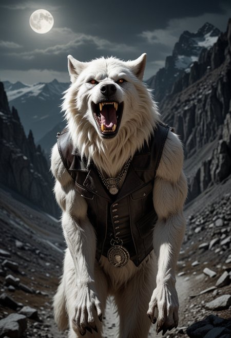 (medium full shot) of (ferocious werewolf), white fur, bristling fur, wearing leather vest,  bone necklace,  set in  a desolate mountain pass with crumbling paths, eerie echoes, looming shadows, during a full moon, Masterpiece,best quality, photo, realistic, very aesthetic, detailed face,