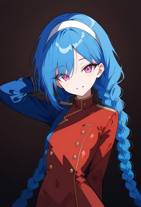 zPDXL3, ((masterpiece)), ((best quality)), 8k, high detailed, ultra-detailed, highres, intricate details, depth of field, best quality, bokeh, shiny skin, LP_jinx, blue hair, twin braids, pink eyes, 20 years old, detailed perfecteyes, fit, small breasts, dynamic lighting, Expressiveh, ArawAraw, high contrast, absurdres, vibrant, highly detailed, ligne claire, cogecha, 10s, 1girl, arm behind back, arm up, brown background, buttons, dress, eyeshadow, hairband, hand in own hair, head tilt, holding, holding own hair, long sleeves, looking at viewer, makeup, military, military uniform, parted lips, red dress, smile, solo, straight hair, tsurime, upper body, very long hair, white hairband