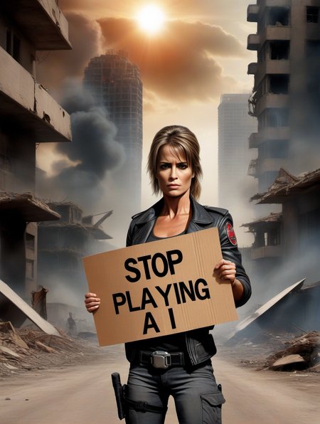 ((sarah connor from terminator)),((((holding a cardboard  sign saying "STOP Playing AI !")))),bionic metal hands,pleading facial expressions,destroyed post apocalyptic city background,smoke from buildings,red sun with smog,god rays,cinematic still ,action movie, intricate detail,high texture detail,antialiased, perfect viewpoint, highly detailed, wide-angle lens, hyper realistic, with dramatic sky, polarizing filter, natural lighting, vivid colors, everything in sharp focus, UHD, 64K,HDR