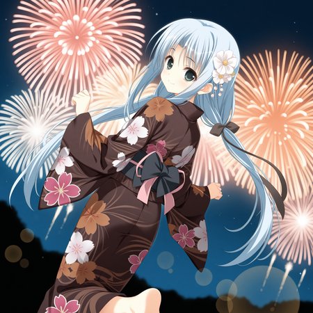 <lora:Nonohara_Hinazakura_1_nai-000038:1>,Nonohara Hinazakura,twintails,hair ribbon,black ribbon,
hair flower,white flower,hair ornament,japanese clothes,yukata,print kimono,brown kimono,floral print,black sash,waist ribbon,pink ribbon,
1girl,solo,smile,looking at viewer,looking back,from behind,standing,dutch angle,night,aerial fireworks,firework background,standing,depth of field,lens_flare,arm up,standing on one leg,w arms,