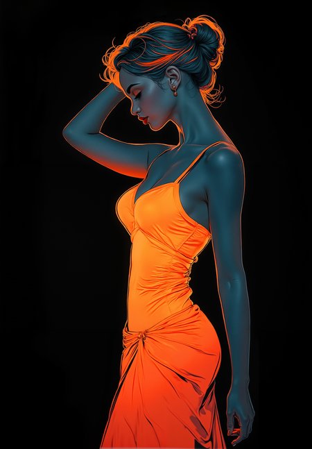 This striking artwork features a stylized portrait of a woman bathed in vibrant neon hues, blending elements of elegance with a futuristic aesthetic. The woman stands in profile, her feminine shapely yet curvy figure accentuated by a sleek, form-fitting dress that radiates in a brilliant orange, contrasting sharply with the cool gray tones of her skin. The dress drapes smoothly along her body, catching the light in a way that emphasizes its texture and the graceful curve of her silhouette.  The lighting is bold and dramatic, with intense highlights and shadows that create a sense of depth and intrigue. Her hair is styled in a loose updo, with tendrils softly framing her face and catching the vivid light, creating an almost halo-like effect around her head. The neon glow of the orange light wraps around her form, casting delicate reflections that seem to blend seamlessly into the deep black background, making her appear both ethereal and grounded. The contrast between the warm glow of the orange and the coolness of the gray gives the piece a dual-toned, cinematic quality, reminiscent of cyberpunk art styles. Her expression is serene and introspective, with her head gently tilted and her arm resting above, adding a touch of elegance and poise. The simplicity of the composition, combined with the striking color palette and precise lines, evokes a sense of both modernity and timeless beauty, as if capturing a moment suspended in time within a neon-lit dreamscape. <lora:flux_bra2ha_noirV2_bnr:0.8> BNR style highlights.