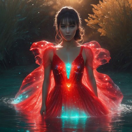 a fully clothed woman with a red bioluminescent dress in water