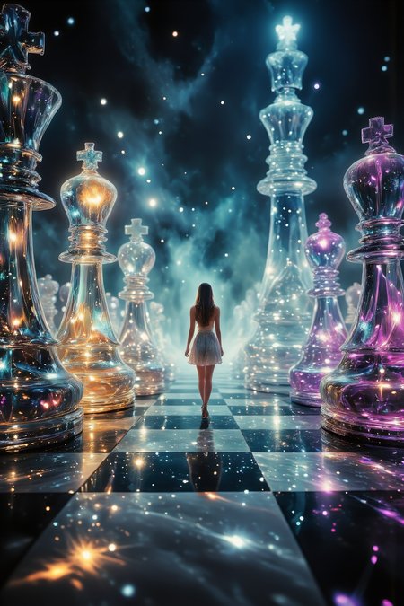 A surreal, dreamlike setting unfolds on a vast, oversized chessboard composed of black and white squares that seem to stretch into infinity. Enormous, transparent crystal chess piecesâKing, Queen, Knights, Bishops, Rooks, and Pawnsâstand majestically, each piece infused with glowing, shimmering particles of light that twinkle like stars inside the translucent surfaces. These radiant chess pieces, with their prismatic glow of blues, purples, and golds, tower above the scene, their sheer size imposing yet mesmerizing.
In the midst of this ethereal landscape, a lone woman stands, looking lost and bewildered. The camera captures her from a low-angle perspective, emphasizing her vulnerability against the towering crystal chess pieces. Her figure is sharply detailed, while the background, including the chessboard and massive pieces, remains softly blurred, creating an intense focus on her expression and body language. The woman's gaze is filled with confusion and awe as she wanders, her delicate features lit by the soft glow of the chess pieces. Her posture is tentative, as though she's trying to find her way in this mystical, oversized world.
The scene is rendered with high contrast and saturated colors, each glowing detail meticulously captured to create a hyper-realistic effect. The lighting casts a magical aura over the woman and the chess pieces, with every reflective facet of the crystal structures shimmering in the soft, diffused light. The atmosphere is filled with an otherworldly ambiance, blending high-quality textures, sharp details, and an ultra-realistic style, creating a sense of both surreal beauty and isolation.
<lora:Midjourney_-_SemiReal_Dreams_FLUX_LoRA:0.85>
<lora:ImageUpgraderV2:0.6> detailmaximizer
<lora:aidmaGLOWV4wc:0.6> aidmaGlow
<lora:zavy-drkcnmtc-fxl:0.6> zavy-drkcnmtc
<lora:Space-flux:0.6> noc-space 
<lora:MidjourneyV6.1:0.6> midjourneyv6.1