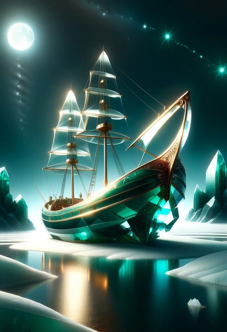 An ice boat made entirely of transparent crystal sailing on a frozen lake. It is  entirely made out of transparent glass crystal with a depth that reflects what looks like the universe of galaxies and stars, ultra detailed, enhanced, prismatic colors, render, CRU, sharp, 8k, octane render, cinema 4d, blender, dark, atmospheric 4k ultra detailed, cinematic, Sharp focus, big depth of field, Masterpiece, colors, 3d octane render, 4k, concept art, hyperrealistic, Vivid colors, extremely detailed 8k wallpaper, Intricate, High Detail. Moonlit night scene with the boat focused in the light of several high intensity spotlights. Camera is looking down and sideways as the car. emeraldmorph