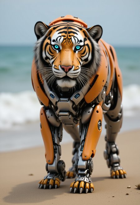 Robo, Robotic, Tiger,  Saturated beach in background, shallow depth of field, atmospheric perspective, award winning, set logical ambient background, stunning detail, pure, polished, dynamic, holy, fine detail, dynamic dramatic composition, ambient, <lora:FluxRoboStyle:1>