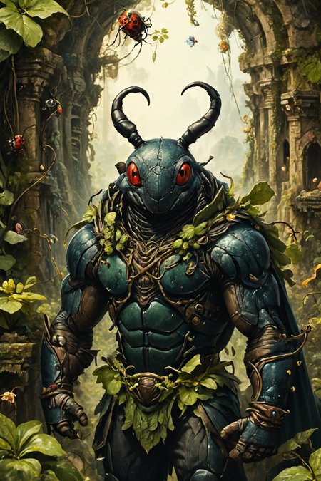 Detailed digital portrait of an anthro Beetle at a Tangled vine-covered ruins in jungle, <lora:xl_more_art-full_v1:0.5>,  <lora:The_Crazy_Style:0.7> <lora:anthro_muscular:0.7>