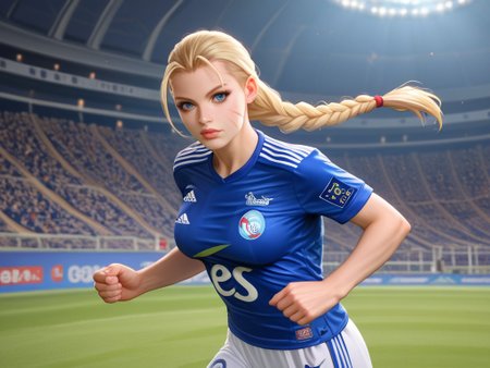 score_9, score_8_up, score_7_up,  <lora:rcstrasbourg_xl:1>,cammy white, blonde hair, long hair, 2braids,rcstrasbourg,rcstrasbourg_logo,és,electricite_strasbourg logo,adidas, standing, looking at viewer, blue shirt, white short,soccer uniform <lora:RC_Strasbourg_Alsace_-_football:1>, masterpiece, lips,portrait, upper body, playing soccer, large breast, cleavage, 30yo, in mountain, country stadium, running, playing soccer, beautiful face, lips, short sleave, empty stadium, more details, highres, very detailed background, short sleeves, (running),bun cover,upper body, chinese mountains, fit, athletic, detailed background