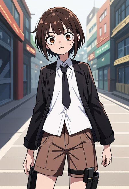 Score_9, score_8_up, score_7_up, source_anime, rating_safe, 
high quality, detailed, highres, highly detailed, high resolution, anme screencap, 
woman, petite, skinny, black hair, (messy hair:0.4), 
pikaole, cute,
(bags under eyes:0.4), (empty eyes:0.7),
(brown shorts:1.1), roll out shorts, (black tights:1.1), business jacket, (necktie:1.1), white shirt, (untucked shirt:1.2), (hip holster:1.2)
blurry background,