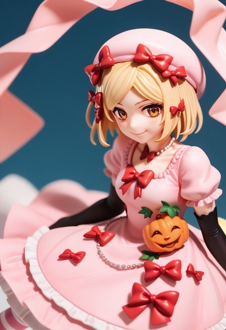 score_9, score_8_up, score_7_up, highres, absurdres, solo, 1girl, blush, smile, looking_at_viewer, Rambda, blonde hair, short hair, orange eyes, hair ornament, necklace,   pink hat, pink gown, red bow, short sleeves, elbow gloves, striped kneehighs,