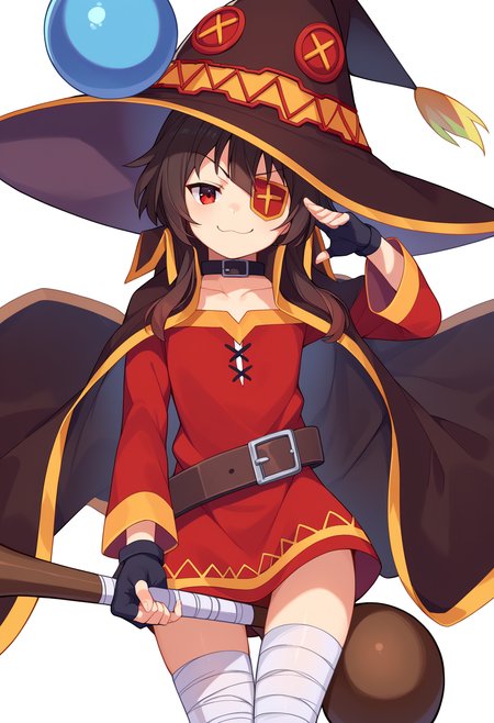 score_9, score_8_up, score_7_up, source_anime,
BREAK
1girl, solo, 
<lora:shiMeguminV1:1>, 
shimegudef, defaultdress,  short hair, brown hair,  red eyes,
 collarbone,  black gloves, choker, belt, fingerless gloves, cape, collar, witch hat, bandages, red dress, eyepatch, staff, holding staff,
bandaged leg, single thighhigh, 
looking at viewer, smug,