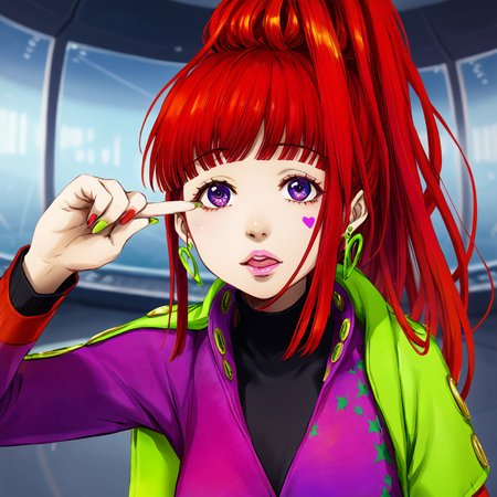 best quality, masterpiece, official artwork, 1girl, solo, sq,  red hair, jewelry, earrings, purple eyes, lips, nail polish, makeup, long hair, ponytail, jacket, dress, spaceship room background, flashy, social, thinking face, one finger point on face, thinking, eye looking up