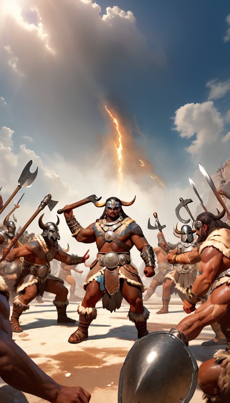 long shot scenic professional photograph of Cinematic scene, hero view, d4b barbarian <lora:diablo_4_barbarian_xl_v1:1>, action pose, detailed background, masterpiece, best quality, high quality, absurdres, perfect viewpoint, highly detailed, wide-angle lens, hyper realistic, with dramatic sky, polarizing filter, natural lighting, vivid colors, everything in sharp focus, HDR, UHD, 64K