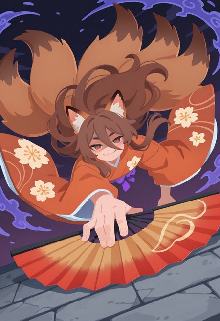 uncensored, highest quality, masterpiece, intricate details, highly detailed, drapped kimono, embroided kimono, japanese fan, dutch angle, cowboy ahot, dynamic shot, dynamic pose, 1 boy, solo, brown fox ears, long hair, long bangs, brown hair, fox tail, nine tails, masculine eyes, masculine face:0.8, average physique, tall, yandere, smirk, chiaroscuro, very awa, t4kar4i_illu, no_outlines,no lineart