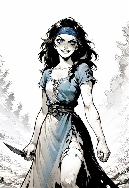score_9, score_8_up, score_7_up,  BREAK, source_manga, source anime, (((very clear lines)))
BREAK
Monochrome manga style of a scuzzy perverted twisted insane evil villainous deathly pale white female nord of about 30 years old with pale grey blue eyes with bags under them and a wide sadistic grin.  She has messy black hair falling over a dirty and bloody blue headband bandana, slightly toned arms and legs, and is holding a knife.  She has small breasts and wears a tattered blue medieval dress with the sleeves ripped off and the hem cut high.  
BREAK
Skyrim rolling hills background in sunset, shadow, monochrome