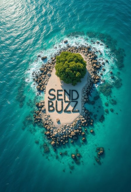 Bird's-eye view of a small island stranded in the middle of the ocean, center frame a bunch of rocks arranged to spell out "SEND BUZZ". little tropical vegetation, bright, sunny, ocean waves lapping at the shore.