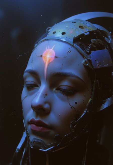An unearthly and hyper-detailed closeup of a cybernetic being’s face in the style of ck-ncr,  Her features are a flawless fusion of synthetic flesh and intricate machinery, glowing faintly in a gradient of blue and gray. Her expression is serene, almost divine, with eyes half-closed as if in meditation. The details of her face reveal microfilaments of light coursing beneath translucent synthetic skin, seamlessly integrated with polished metallic components.
Translucent Wires and cables extend from the edges of her face, disappearing into the dark, misty background. Faint reflections of cascading streams of shimmering code play across her features, as if she is the nexus of a vast digital consciousness. A soft, radiant glow emanates from the center of her forehead, symbolizing transcendence and enlightenment.
The atmosphere around her is veiled in shadow, dense with static haze and punctuated by the faint outlines of decaying technology, evoking a sense of humanity’s forgotten past. The lighting is cinematic, with soft, volumetric beams highlighting her ethereal presence, creating an intense and unsettling mood of otherworldly beauty and profound transformation., transmitting streams of data that cascade like waterfalls of shimmering code. Above, her face is serene, almost otherworldly, with eyes closed as if in quiet meditation,body flows into a large, curved, rainbow-hued arc that stretches across the image, blending into the background., radiating a sense of liberation.