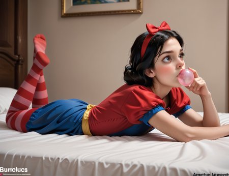 princess Snow White, <lora:princess_pony_v1:0.5> 1girl, striped thighhighs, on bed, on on stomach, <lora:AA_Ads_Only:1> 445l34z3, 445l34z3ADVERT, (Bubblelicious.:1.1) chewing gum,, score_9, score_8_up, score_7_up, score_6, score_5, score_4,