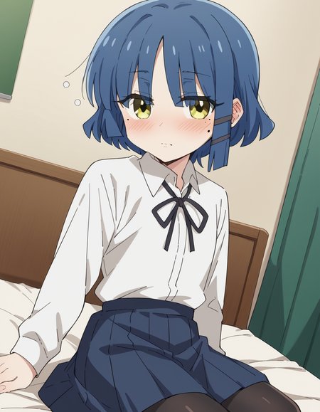score_9, score_8_up, score_7_up, source_anime,
ryouyamada, <lora:ryou-yamada-s1-ponyxl-lora-nochekaiser:1>,
ryou yamada, blue hair, eyes visible through hair, mole, mole under eye, short hair, yellow eyes, hairclips,
black pantyhose, black ribbon, blue skirt, long sleeves, pantyhose, ribbon, school uniform, shimokitazawa high school uniform, shirt, skirt, white shirt,
indoors, bed, bed room, on side, blush, drunk,
cowboy shot, solo, dutch angle, looking at viewer,