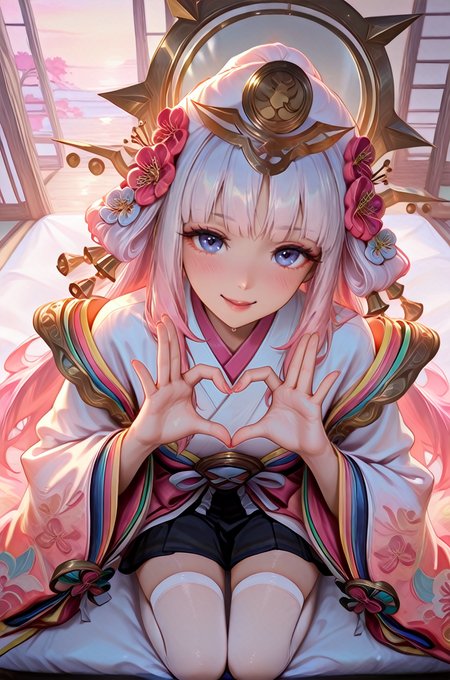 perfect quality,high quality,masterpiece,best quality,amazing quality,very aesthetic,absurdres,Cinematic Lighting,newest,Joyful laughter,cyan background,makeup,portrait, 
 1girl, hair ornament, long hair, japanese clothes, flower, looking at viewer, pink hair, hair flower, blue eyes, white hair, thighhighs, kimono, skirt, wide sleeves, multicolored hair, bangs,  white thighhighs
,<lora:çèè£è_-å¨å¯é²é²-åéå°_Honor_of_Kings_Nakoruru:0.9>ï¼
kneeling on bed,on bed,full body, full-face blush, shy,  <lora:MoriiMee_Gothic_Niji_Style_Illustrious_r1:0.6> cowboy shot, kneeling, 
 <lora:20231228-1703714978047:0.5>  <lora:20250328-1743156835401:0.6>,long legs, <lora:illustrious_nai3_v2:0.5>from above, looking at viewer, seductive smile, victory pose, pov,, upper body, (Heart gesture1.3)