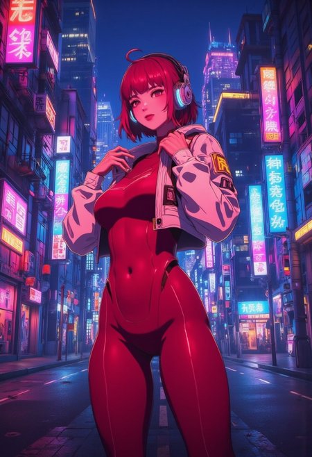 A mature woman with short red hair stands in a dynamic pose on a neon-lit street at midnight. She has beautiful facial features with red lips, wearing a neon-lighted jacket and a red, full-body bodysuit that accentuates her hourglass figure, with a curvy waist, large bust, and thick thighs. She wears headphones, holding them with both hands, eyes closed and lips together in a gentle smile. The background is a vibrant, nighttime cityscape with towering buildings and neon signs illuminating the dark street. The camera captures her full body in a colorful, detailed anime style with vivid lighting and rich colors.
