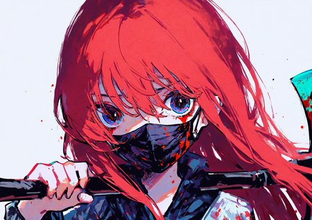 masterpiece, best quality, very aesthetic BREAK kiato, (ciloranko:.7), dino \(dinoartforame\), horror \(theme\), gritty, colorful, faux traditional media, painting \(medium\) BREAK 1girl, solo, holding, long hair, red hair, holding axe,  mouth mask, looking at viewer, blood on face, blood
<lora:noob05-kiato-unet only-feb18-step00002464:1>