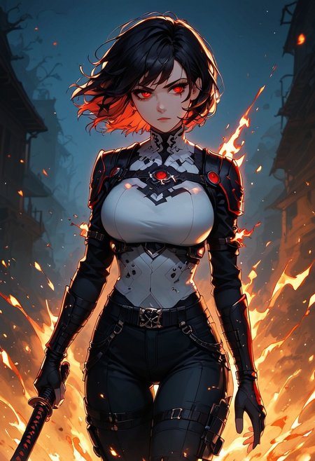 A woman in black pants and a white top wields a glowing blue katana. Her short black hair partially obscures her intense, red-eyed gaze. Sparks and embers fly around her in the dimly lit, blurred background. Anime style, high contrast, and saturated colors