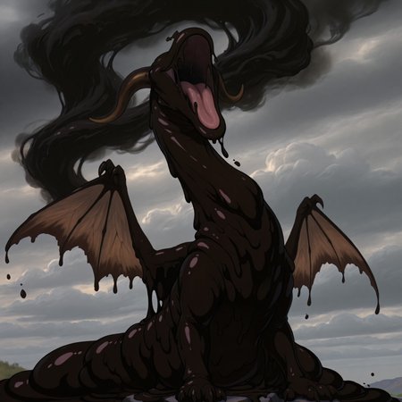 safe_pos, masterpiece, best quality, highly detailed, realistic, SlimeHexxus, 1boy, solo, monster, sludge, goo creature, slime, brown body, eyeless, noseless, smoke, black smoke, black fog, cloudy, sky, detailed background, smile, open mouth, tongue, black smoke, long neck, front view, (feral, brown wings, brown horns, flying, roaring, brown tail, claws, 4 fingers)