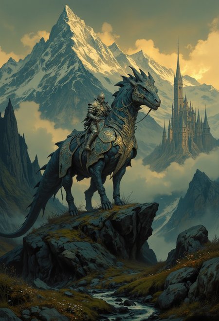 8k high quality digital painting , masterpiece, very detailed, ultra realistic, (best quality) very detailed epic masterpiece, 
unearthly beautiful, a breathtakingly beautiful landscape in the French Alps, in the foreground a shiny knight riding on a black dinosaur-like dragon watches a beautiful castle in the distance, the low  yellow sun casts long shadows, enchanting landscape, fairytale-like, calm mood, flowers in the foreground, realistic