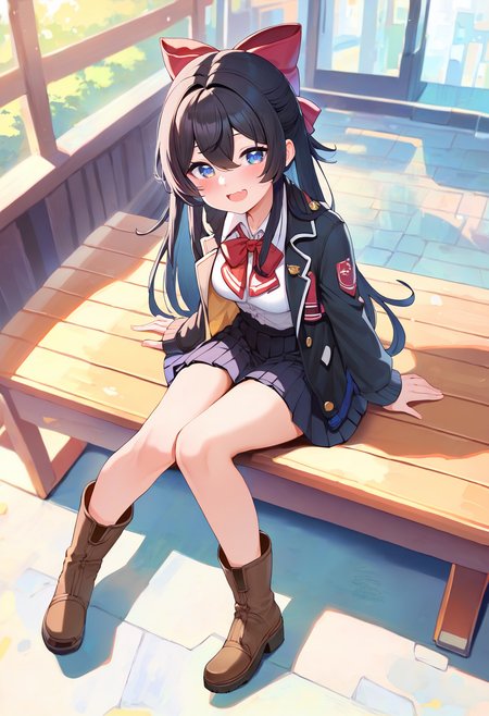 score_9,score_8_up,score_7_up,<lora:PDFA_Style5118164398:1>,1girl,solo,blush,smile,looking at viewer,black hair,:d,black bow,black jacket,black skirt,blue eyes,boots,bow,breasts,brown eyes,brown footwear,cleavage,collared shirt,dress shirt,fang,full body,hair between eyes,hair bow,jacket,knee boots,knees together feet apart,long hair,long sleeves,miniskirt,neckerchief,open clothes,open jacket,open mouth,pleated skirt,red neckerchief,school uniform,shirt,sitting,sitting on bench,skirt,small breasts,very long hair,wavy mouth,white shirt,