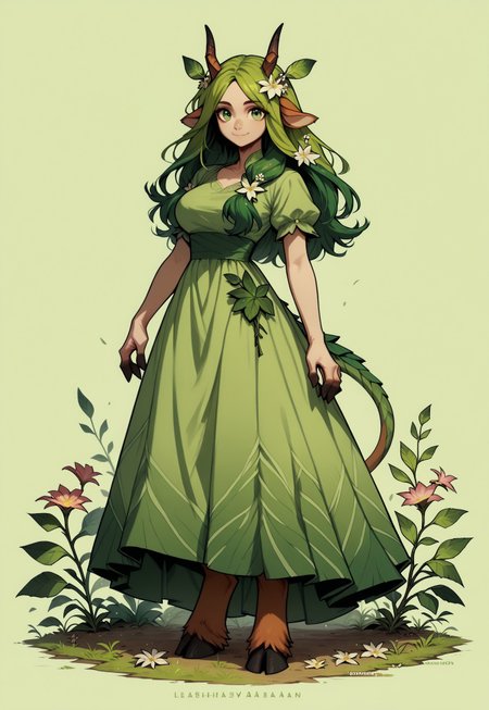 safe_pos, score_9, score_8_up, score_7_up, score_6_up, score_5_up, score_4_up, rating_safe, end_fl4t, solo, 1girl, hooves, horns, flower, green eyes, green hair, hair flower, dress, tail, animal ears, breasts, smile, monster girl, looking at viewer, green dress, long hair, hair ornament, full body, large breasts, closed mouth, leaf, standing, short sleeves, simple background