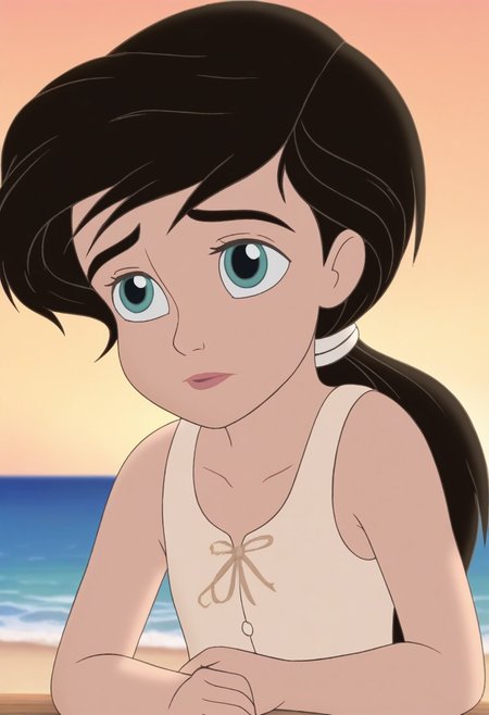 close up,melody,aqua eyes,thick eyebrowns,black hair,ponytail,white hairband,arms down,green undershirt,sleeveless,one sleeve,sea,yellow sunrise beach background