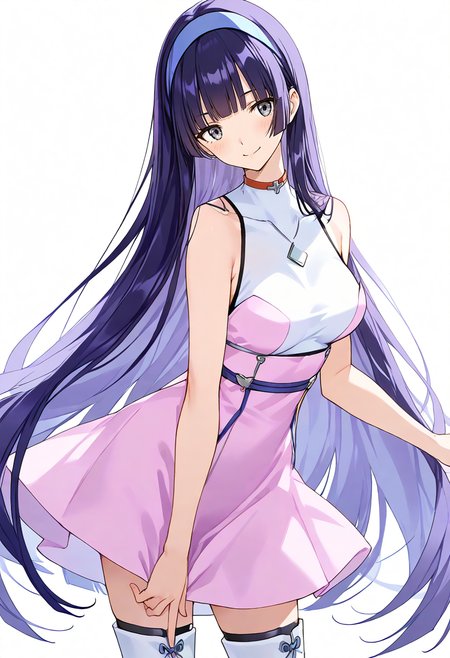 score_9, source_anime,score_8_up, score_7_up,highres, absurdres,
1girl,
<lora:Hyper-SDXL-8steps-lora:1>
<lora:age_slider_v4:2>
<lora:SDXL_gyumi929_p:1>solo 
gyumi, purple hair, blunt bangs, grey eyes, smile, blush, hairband, blue hairband, hime cut, 
long hair, 
looking at viewer, white background, simple background
 looking at viewer, 
 standing, breasts, 
dress, short dress, pink dress,sleeveless, sleeveless dress,  bare shoulders,  thigh boots, white footwear,