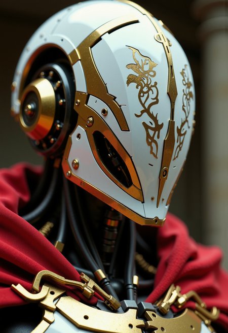 35mm film-still aesthetic, 
in the style of ckfa, Hyperdetailed 35mm film-still of an ancient faceless android roman emporer, white, red and gold accents,
the text: ("veni vidi vici") is engraved in intricate golden roman letters on his helmet,
subtle grain