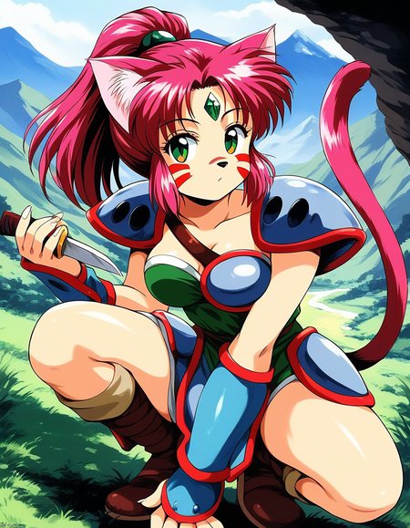 score_9, score_8_up, score_7_up, source_anime, rating_explicit, BREAK  <lora:Ryuquir_XL:1> Ryuquir, animal ears, tail, cat ears, facial mark, cat tail, green eyes, ponytail, red hair, long hair, pink hair, cat girl, breasts, forehead jewel, green jewel,
mountain, sky,
 shoulder armor, solo, weapon, retro artstyle, armor, pauldrons, furry female, knife, furry, brown hair, grass, dagger, boots, looking at viewer, outdoors, fingernails, squatting,  shoulder pads, purple hair
