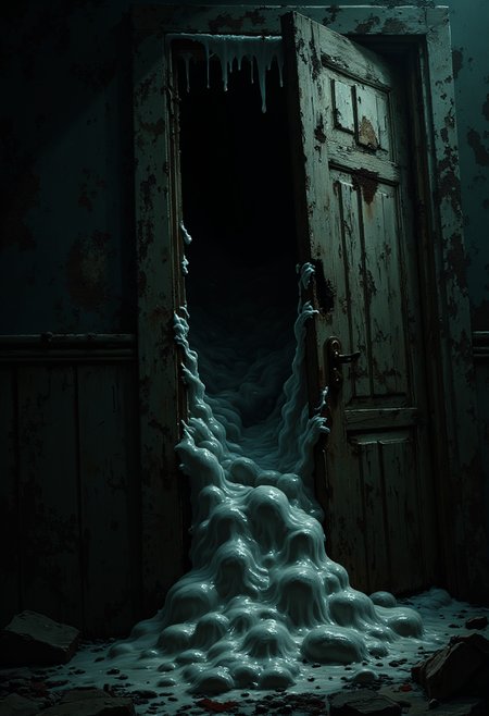 sp00k1h0rr0r The scene shows an old, weathered door with deep, splintering cracks, where thick, white foam seeps ominously from within. The foam has a sticky, almost organic texture, slowly expanding as if alive, spilling through the gaps in irregular, pulsing waves. The lighting is dim and moody, casting long shadows that amplify the sense of dread. Shot with a 45mm wide-angle lens, the image captures a distorted, unsettling perspective, giving the door an imposing, almost suffocating presence. The cinematic quality adds a dramatic, horror movie feel, with dark tones and subtle highlights drawing attention to the texture and ominous nature of the foam creeping out. High detail