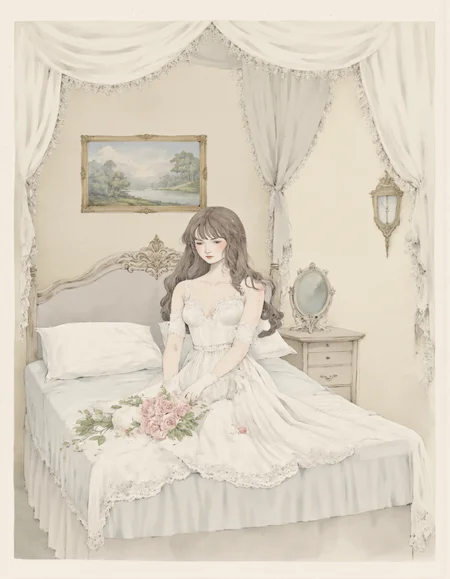 <lora:cioffi:1>, This is a detailed, digital illustration in a soft, pastel color palette, depicting a serene, ethereal bedroom scene. The central figure is a young woman with long, dark brown hair cascading down her back. She has fair skin and a slender physique, wearing a delicate, white lace dress with thin straps and a modest neckline. The dress has a slightly voluminous skirt that flows gracefully around her., 
She is seated on the edge of a neatly made bed, which is adorned with white linens and several pillows. Her hands are adorned with long, white gloves, and she holds a delicate bouquet of pink roses in her lap. The bed is surrounded by sheer, white curtains that hang from the canopy overhead, adding to the dreamy ambiance., 
The background features an ornate, antique-style bed frame with intricate carvings and a matching headboard. To the right of the bed, there is a small nightstand with a decorative, gold-framed mirror and a small clock. Above the bed, a framed painting of a classical, serene landscape hangs on the wall, adding a touch of sophistication. The overall atmosphere is peaceful and romantic, with a delicate, almost ethereal quality.