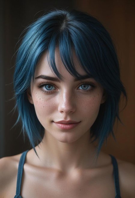 portrait of main character, Photo, (sharp focus:1.2), attractive woman, (beautiful face:1.2), detailed eyes, (smile:0.8), (body freckles:0.6), (normal natural breasts:0.8), (toned body:1.2), shiny (blue hair:1.1), depth of field. 4K, HDR.