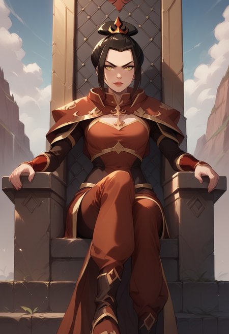 score_9, score_8_up, score_7_up,azula_a,girl,solo,armor,,medium breast,hair ornament,on throne,outside,day,yellow eyes,clevage,slim,sitting,