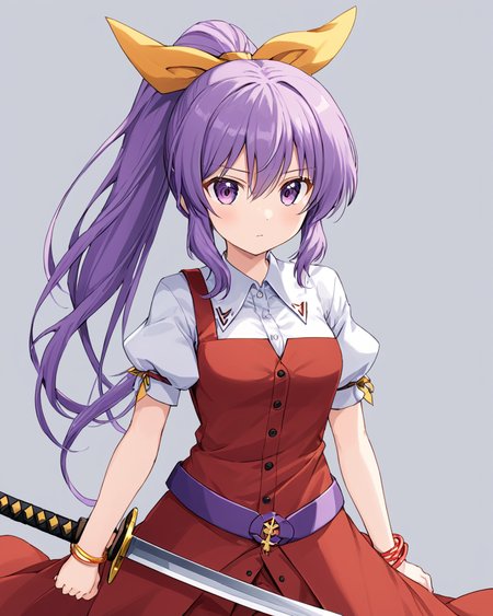 watatsuki no yorihime,1girl, solo, ponytail, white_shirt, red_dress, yellow_ribbon, bracelet, puffy_short_sleeves, katana, looking_at_viewer, closed_mouth, sheath, hair_ribbon, holding_sword, collared_shirt, single_strap, upper_body, grey_background, belt
<lora:watatsuki_no_yorihime_image737_2023-12-20:1>,star-shaped_pupils,symbol-shaped_pupils,. gorgeous,key visual, vibrant, studio anime,award-winning, professional, highly detailed,high budget, cinemascope