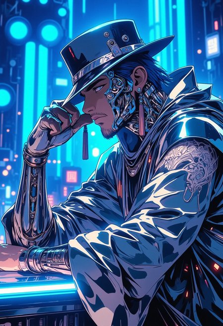 In a hyper-realistic **ne0nfant4sy, niji_flux** vision, the **chrome-clad figure** leans forward, one foot stepping ahead in a stance of quiet readiness. Their right hand grips the brim of the **chrome silver non la**, revealing just a sliver of their face—sharp, angular features accented by **chrome-plated cheekbones and jawline**, giving them a sleek **mechanical-human hybrid** appearance. The **metallic tassels** flow forward, as if caught in motion, partially obscuring the rest of the face beneath the hat, heightening the character's sense of anonymity. The sleeveless **chrome robe**, glossy and reflective, ripples gently in the air, catching vibrant streaks of **neon blue light** from the glowing backdrop. The intricate, **glowing silver tattoo** on the exposed left arm contrasts against the polished chrome surface, its fine details pulsing with an ethereal glow. The figure radiates readiness, their stance poised for imminent action, embodying a fusion of **futuristic technology** and **traditional elegance**, standing out against the surreal neon landscape. <lora:NeonFantasy style FLUX, PonyXL:0.30> <lora:Retro Anime Flux - Style:v1.0:0.40> <lora:Niji FLUX:v1.0:1.00>