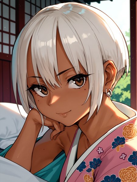 <lora:happy_tentacle-cherry_asuka-v0.1-000030:1>, ht_cherry_asuka, earrings, tan, brown eyes, kimono, outdoors , 1girl, solo, portrait , , ( seductive smile :1.1), , looking at viewer , lying , from side , score_9, score_8_up, score_7_up, score_6_up, score_5_up, score_4_up