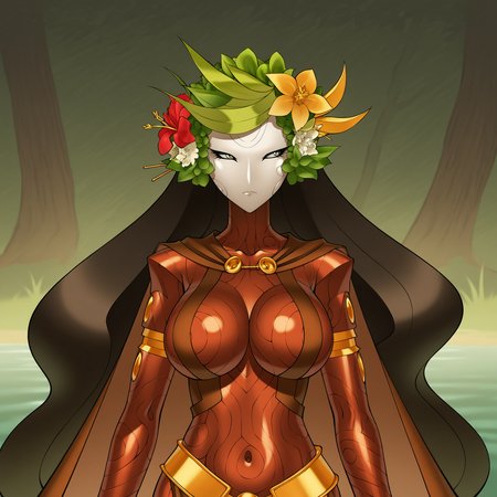 masterpiece, best quality,very aesthetic,absurdres
1girl
<lora:DanuILL2:1> danusmt, long black hair, large breasts, hair ornament, navel, jewelry, green eyes, green hair, hair flower, cape, bracelet, colored skin, bronze skin, monster girl,loincloth, no nose,
forest,trees,greenery,pond, large breasts, cowboy shot, , upper body, motherly,serious expression, kita senri