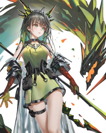 masterpiece,best quality,[[artist:wlop]],[ningen_mame],[ciloranko],[sho_(sho_lwlw)],,<lora:mon3tr_(arknights)_ill:1>,1girl, character: mon3tr (arknights), solo, white background, simple background, parted lips, large breasts, breasts, thigh strap, thigh belt, green coat, dress, coat, green dress, belt, personification