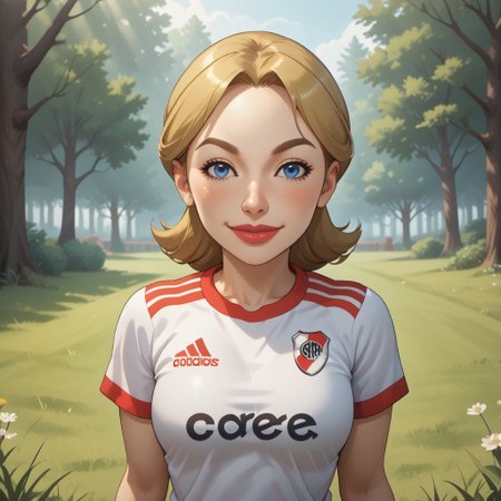 score_9, score_8, BREAK, solo, mii, wii, wii sports, female mii, 1girl, cute, blonde hair, dark blonde eyebrows, white skin, blue eyes, big lips, blush, RiverPlate, striped shirt, striped, shirt, white shirt, short sleeves, clothes writing, sportswear, soccer uniform, Julie_(\Wii_Sports\), Nintendo Mii, modern_mii, classic_mii, breasts, adult female, mature female, sexy pose, self portrait, smile, outdoors, sunlight, shadows, evening lighting, natural lighting, forest, trees, grass, orange sky, sunset