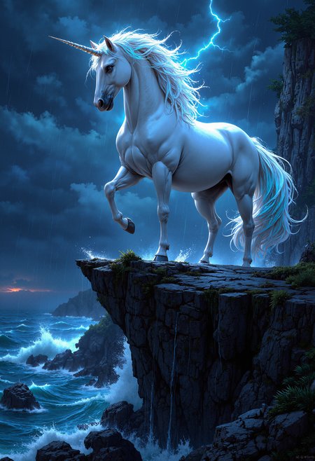 A majestic unicorn standing on a cliff's edge during a stormy night. The unicorn has a glowing, spiraled horn and a flowing mane that glows with an ethereal light, blending shades of silver and blue. Its white coat is sleek and shines with a faint luminescence. The cliff is rugged, with jagged rocks and sparse, windblown vegetation. Below, the ocean waves crash violently against the rocks, sending sprays of water into the air. Dark clouds fill the sky, illuminated by occasional flashes of lightning, creating a dramatic and intense atmosphere. The lighting highlights the unicorn's mystical presence amidst the storm, with rain softly falling around, creating a surreal and powerful scene.  <lora:FluxMythP0rtr4itStyle:0.8> MythP0rt,  <lora:aidmaImageUpgrader-FLUX-V0.1:0.33> detailmaximizer, <lora:aidmaMJ6.1-FLUX-V0.1:0.6> midjourneyv6.1,