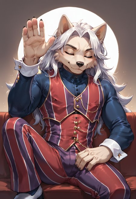 score_9, score_8_up, sonic \(series\), <lora:SILENCIO_V2:0.5>, rating_safe, sitting, hand up, leaning on back, from below, 1boy, solo, anthro wolf, white hair, white body fur, long hair, closed eyes, <lora:Robbie_Rotten_outfit:0.7>, Robbie Rotten outfit, long sleeves, striped, pants, vest, vertical stripes, pinstripe pattern, striped pants, black shoes, wrist cuffs