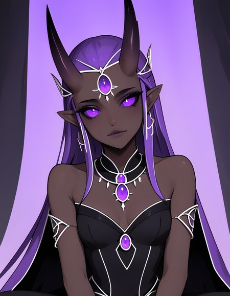te'kharoth, third eye, tail, horns, violet eyes, 1girl, solo, upper body, regal, queen, crown, sitting, throne,  colored skin, dark skinned female, silk dress, capelet, illuminated, mystical aura, expressive eyes, cinematic, masterpiece,, 1girl, perfectly flat chest, tiny perky tits